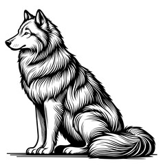 Detailed illustration of a sitting wolf with a fluffy coat  