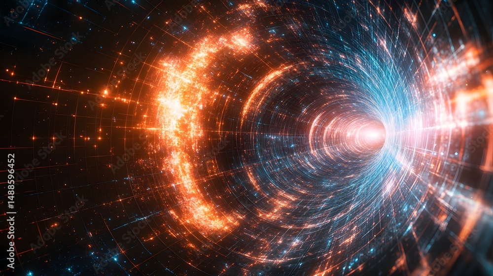 Poster futuristic tunnel with glowing grid. concentric rings shift from warm oranges to cool blues, converg
