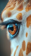 Close-up view of a giraffe's eye reveals intricate details and vivid colors in a natural habitat