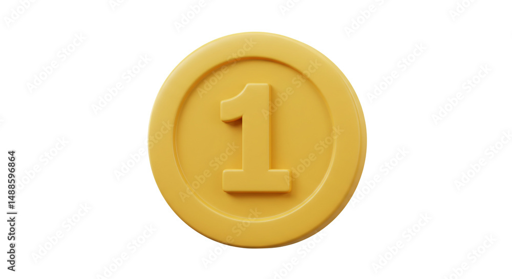 Poster a single gold coin with the number one in the center on a plain white background close up view