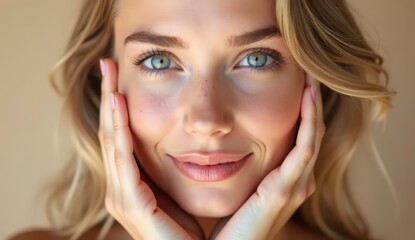 Young woman with glowing healthy skin holds hands on face in contemplative pose, showcasing natural beauty and radiant complexion with soft lighting and neutral background