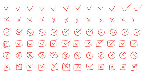 Check marks hand drawn doodle set. tick, cross signs for checkbox, checklist, v and x in sketch se
