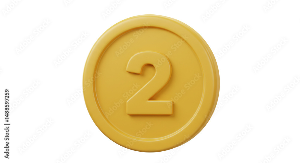Poster a single gold coin with the number two on it centered on a white background in a close up view
