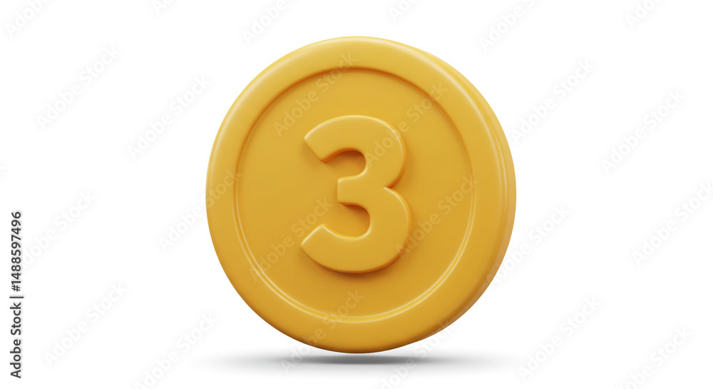 Poster a single yellow coin with the number three embossed on its surface against a white background
