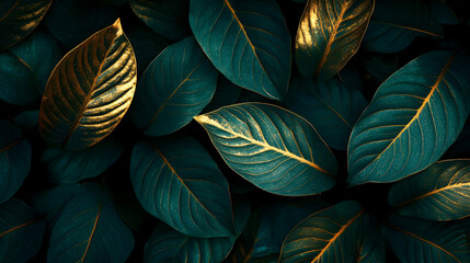 Fototapeta premium Dark Green Leaves with Golden Highlights for Nature Illustrations