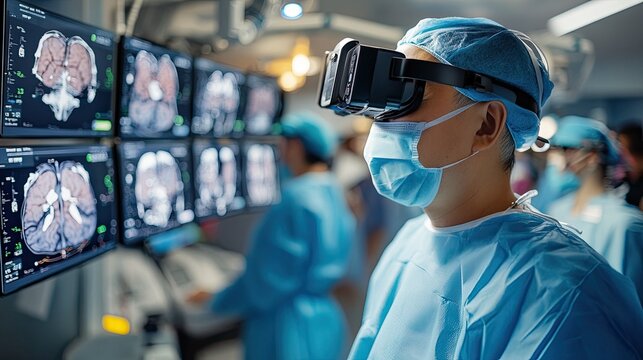 Doctor wearing vr headset examining brain scans in a modern operating room with other surgeons