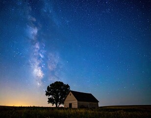 Stunning night sky over rustic barn and lone tree under milky way glow