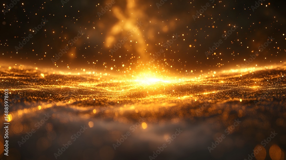 Poster a field of golden light shimmers, creating an ethereal, energy-filled scene. the bright center and s