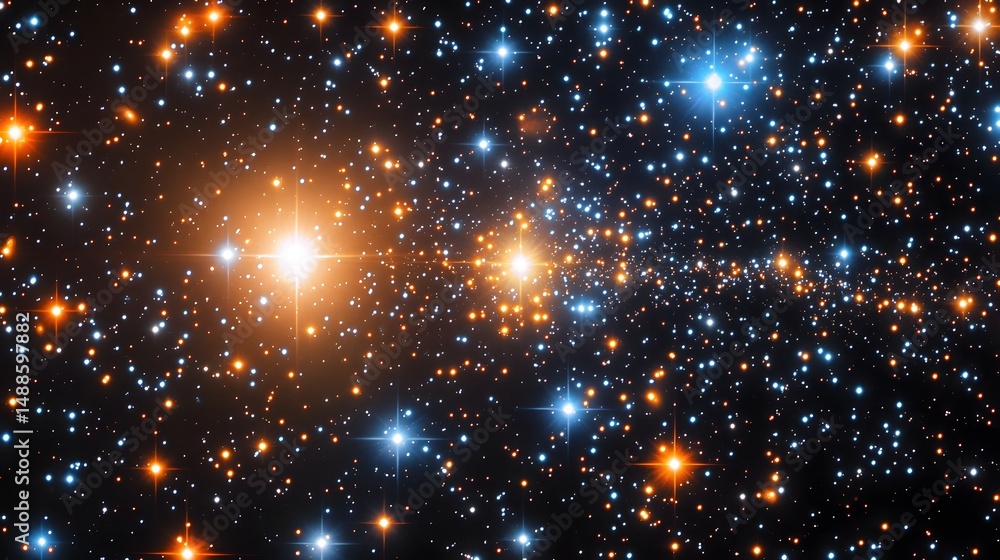 Poster A stunning view of a star cluster, showcasing vibrant orange and blue stars of varying sizes. Diffraction patterns create a starburst effect. Astronomy and Galaxy backgrounds.