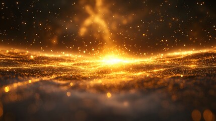 Naklejka premium A field of golden light shimmers, creating an ethereal, energy-filled scene. The bright center and scattered points evoke vastness, enhanced by soft shadows.Astronomy and Galaxy backgrounds