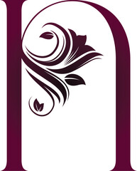Serif letter N with burgundy floral design