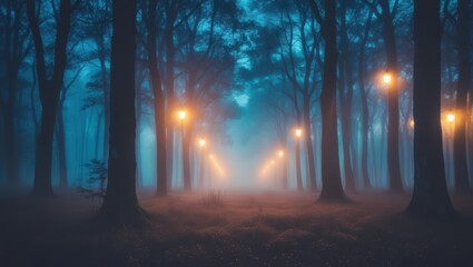 Fototapeta premium Discover the enchanting foggy forest at night with illuminated street lights scene