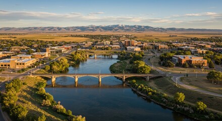 Fototapeta premium Scenic River Bridge and Town Landscape - Aerial view of a charming town nestled beside a river, featuring a picturesque bridge and mountain backdrop. Golden hour lighting enhances the scene's beauty