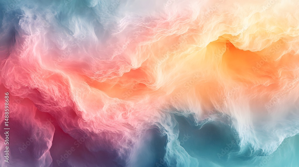 Poster A captivating abstract image featuring ethereal clouds of color. Teal and blue gracefully blend into vibrant pinks, reds, oranges, and yellows, creating a dynamic flow. Astronomy and Galaxy background