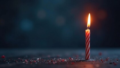 Single lit birthday candle on dark background, holiday, anniversary