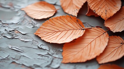 Fototapeta premium Autumnal leaves arranged on a textured surface.