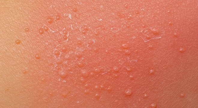 Sunburn Skin Texture: Blistering, Peeling, Redness - Intense sunburn, sunburned skin, blistering, peeling, redness. Painful consequences of sun exposure, skin damage, UV radiation. Health, medical