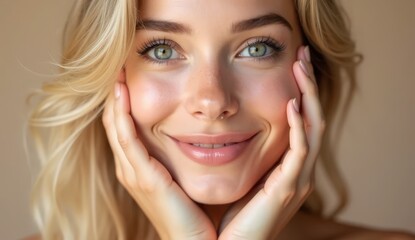 Young woman with glowing healthy skin holds hands on face in contemplative pose, showcasing natural beauty and radiant complexion with soft lighting and neutral background