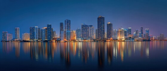 Obraz premium City skyline at twilight. The cityscape reflects on the calm water, creating a stunning mirror image.