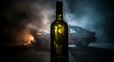 The Consequences of Drinking and Driving - A dramatic depicting a wrecked car and a bottle of wine, symbolizing the dangers of drunk driving