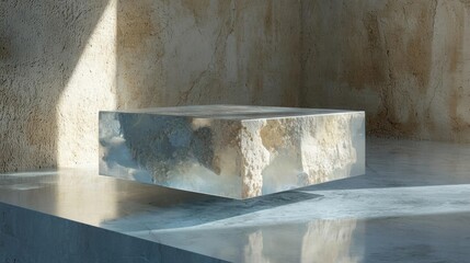 Rectangular concrete table in an empty room with a concrete wall in the background. the table is square in shape and appears to be made of a light-colored material, possibly concrete or stone.
