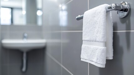 A white towel hangs on a chrome towel rack.