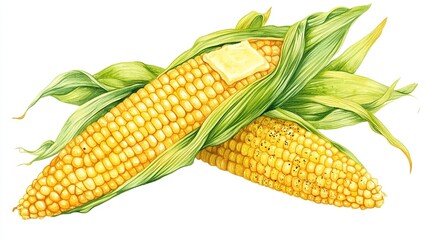 Obraz premium Two ears of yellow corn with husks, one topped with a pat of butter