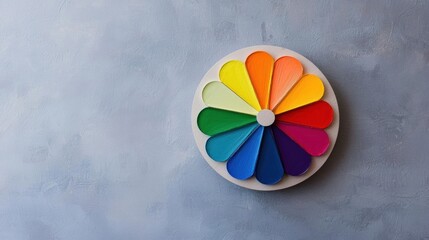 Circular color wheel on a gray textured background. the wheel is made up of 12 sections, each with a different color - red, orange, yellow, green, blue, purple, and pink.