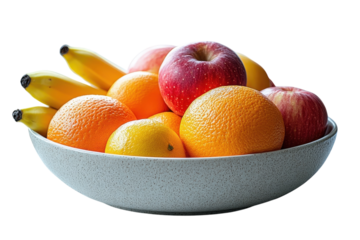 A vibrant bowl of fresh fruit promising a healthy snack with apples bananas lemons and oranges on transparent background