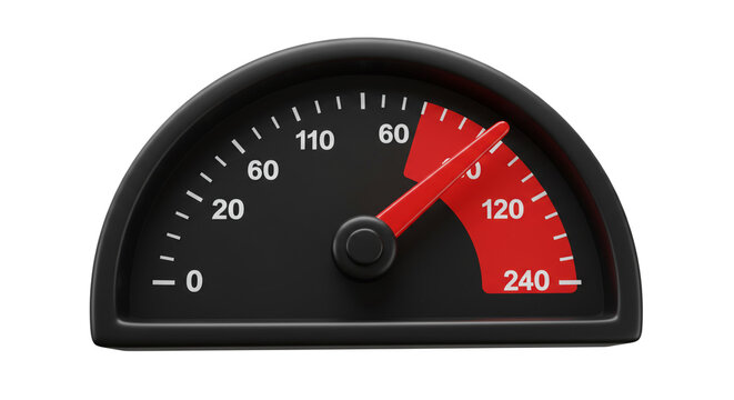 A speedometer with a red needle pointing to a high speed on a black and red semicircular gauge