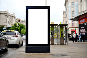 blank poster sign panel bus shelter. billboard mockup display. white lightbox sign in bus stop....