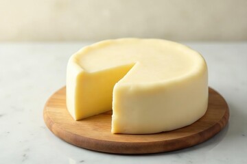 Creamy white cheese wheel on pristine background, gourmet, cheese