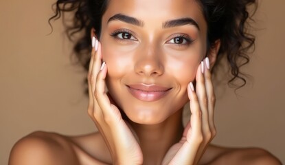 Young woman with glowing healthy skin holds hands on face in contemplative pose, showcasing natural beauty and radiant complexion with soft lighting and neutral background