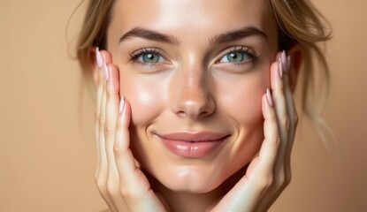 Young woman with glowing healthy skin holds hands on face in contemplative pose, showcasing natural beauty and radiant complexion with soft lighting and neutral background
