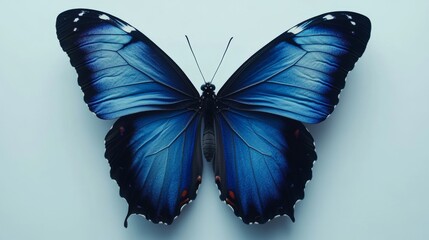Fototapeta premium Panoramic image of a blue butterfly set against a white background