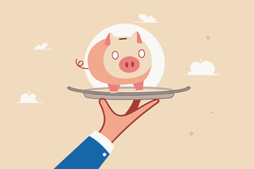 Offer investment and savings service, best wealth management or business loan, mutual funds and financial solution concept, businessman professional hand serving precious piggybank in luxury tray.