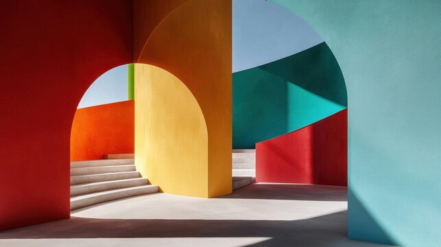 Modern and colorful interior space with a geometric design. the walls are painted in a combination of red, orange, yellow, and green, creating a vibrant and eye-catching color scheme.