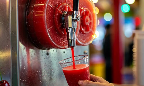 A hand holds a clear cup as red slush pours from the machine's spout. The drink fills the cup, with a blurred background of lights and people