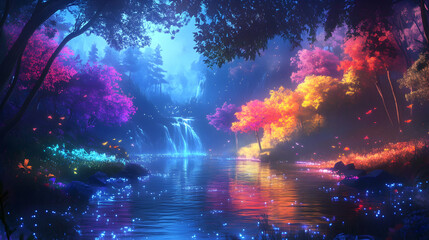 Enchanted Forest with Colorful Trees and Serene Waterfall Scene