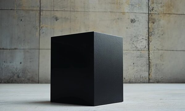 A sleek black cube stands on a minimalist concrete floor, emphasizing modern design and simplicity
