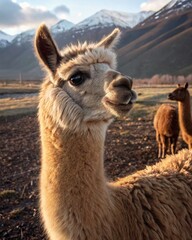 Obraz premium A fluffy llama is grazing in the field. Beautiful background of mountains.