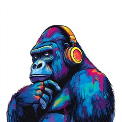 graffiti gorilla with headphones on white background