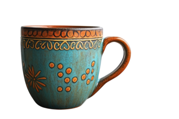A vintage inspired turquoise mug adorned with whimsical orange patterns evokes a sense of cozy on transparent background