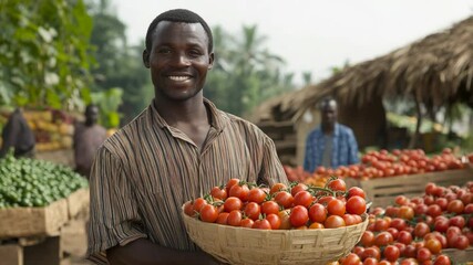 A farmer proudly holding a basket of fresh tomatoes at a vibrant market. - Powered by Adobe