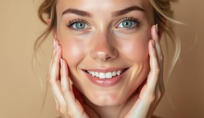 Young woman with glowing healthy skin holds hands on face in contemplative pose, showcasing natural beauty and radiant complexion with soft lighting and neutral background