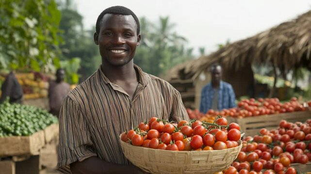 A farmer proudly holding a basket of fresh tomatoes at a vibrant market.