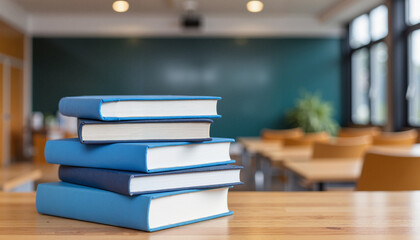 Stack of blue books in school auditorium, preparation for finals
