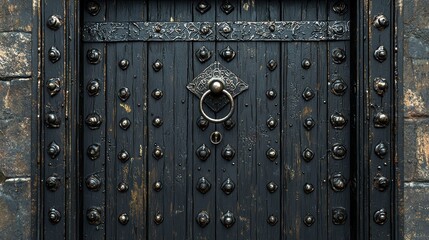 Fototapeta premium Ancient dark wooden door with intricate carvings in autumn setting