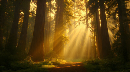 Obraz premium Sunlight Rays Through Dense Forest Canopy in Majestic Wilderness