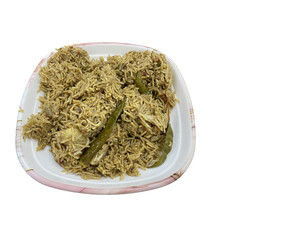 Chicken Chilli pulao in a plate isolated on the white background